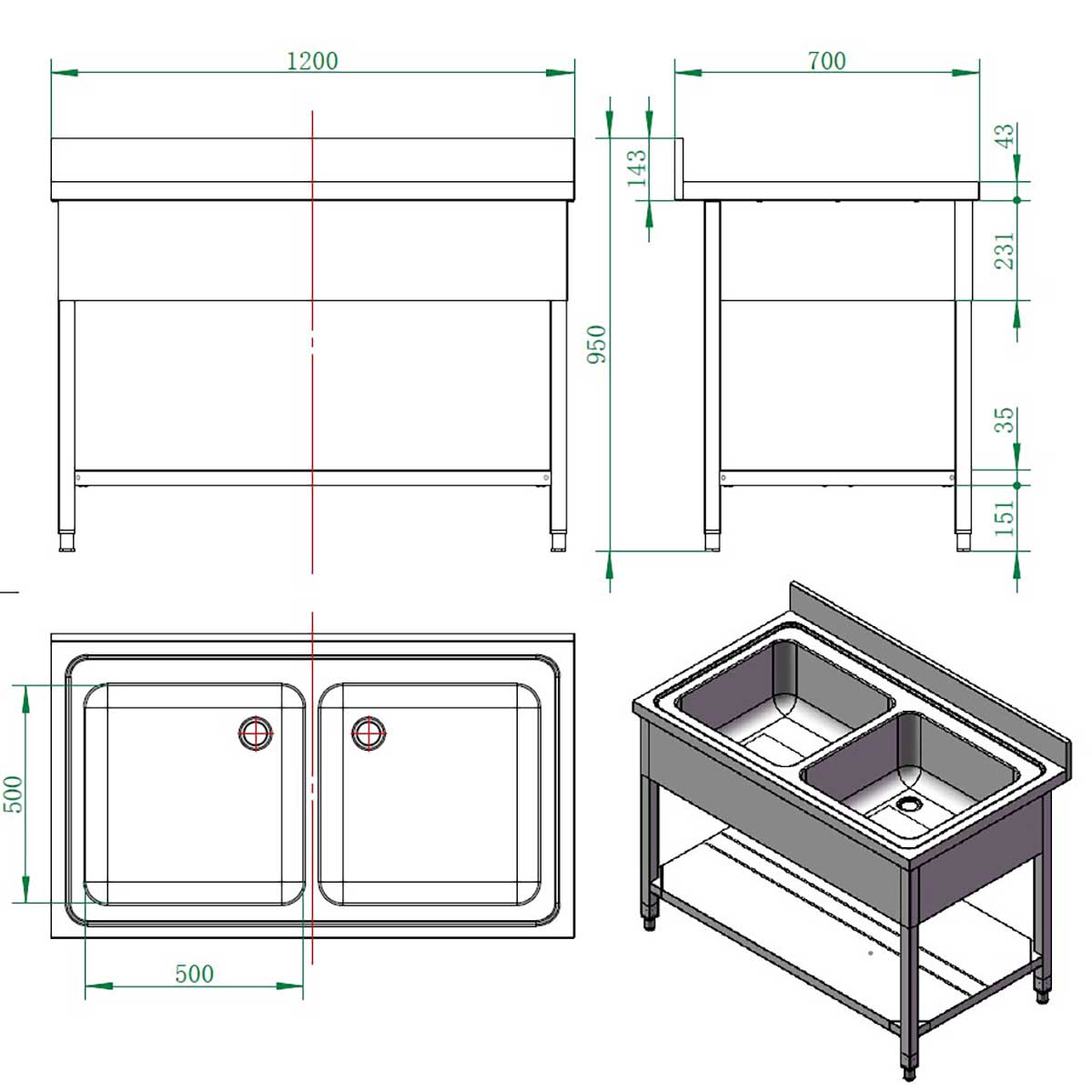 Vaiotec EASYLINE Spültisch 700 / 2 Becken in vers. Ausführungen