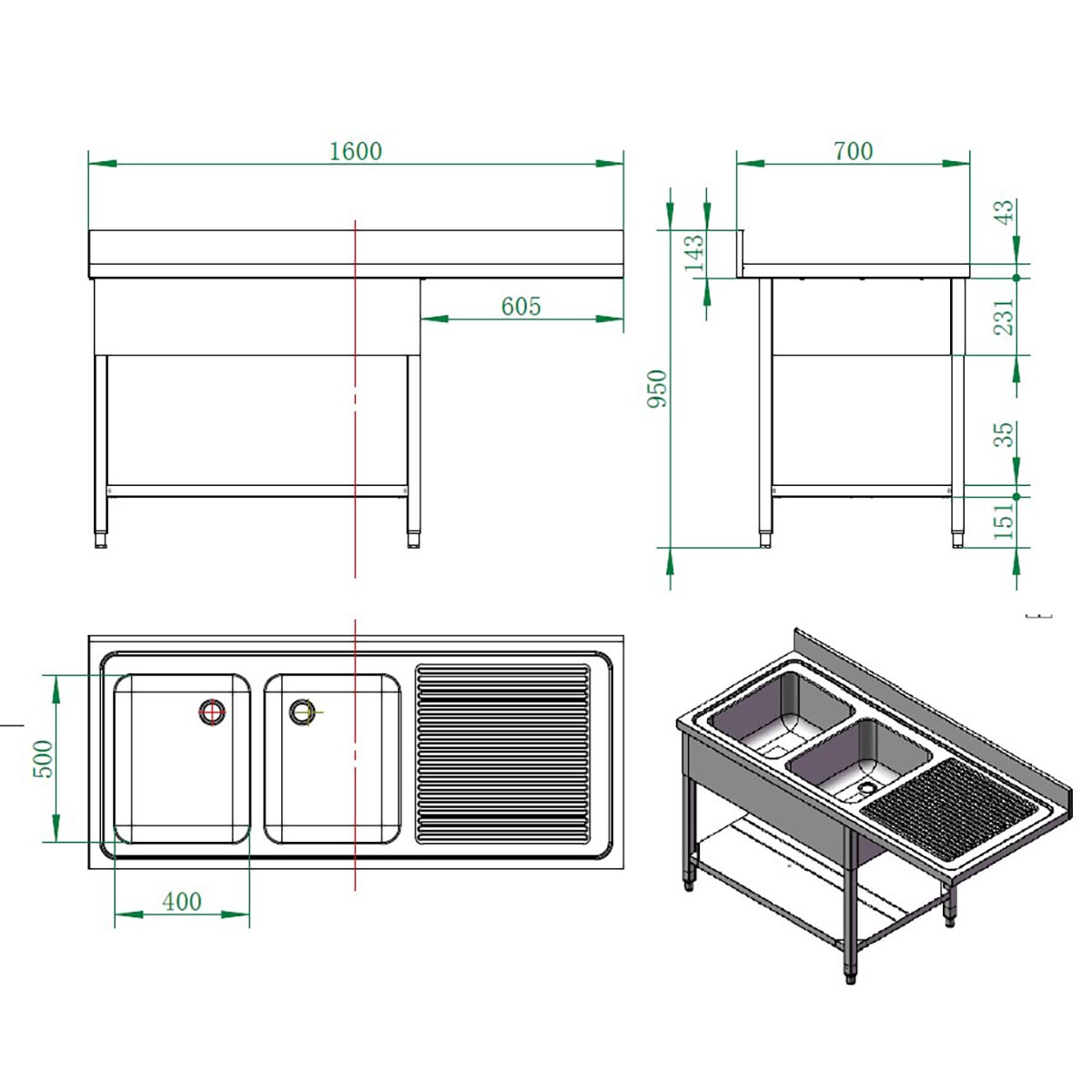 Vaiotec EASYLINE Spülcenter 700 / 2 Becken in vers. Ausführungen