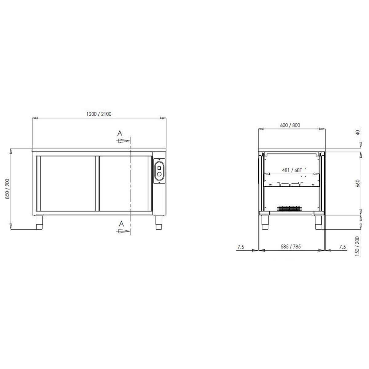 Vaiotec TOPLINE Wärmeschrank 600 / 2 Schiebetüren in vers. Ausführungen