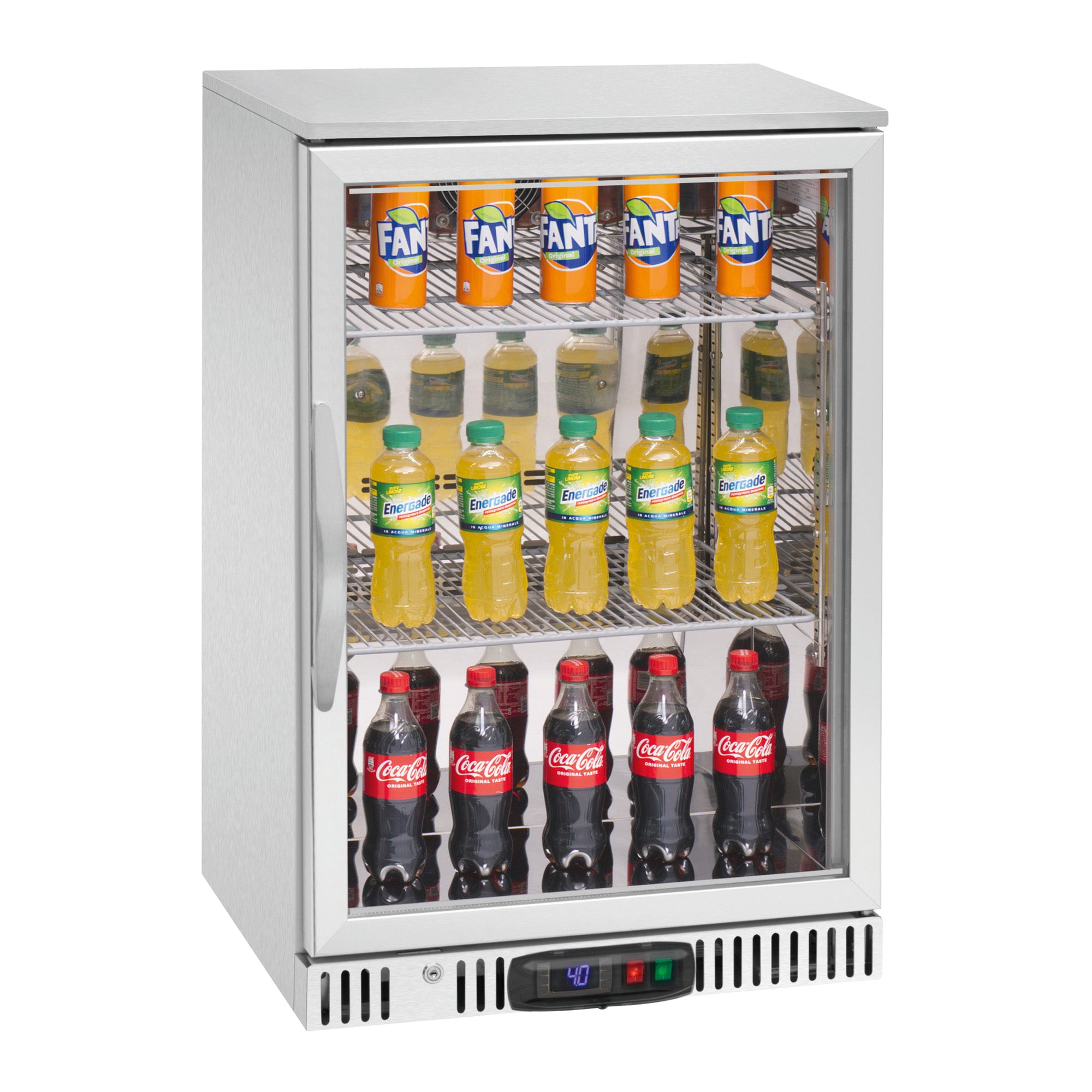 orange Barkühlschrank 126L, 1 Glastür, Edelstahl