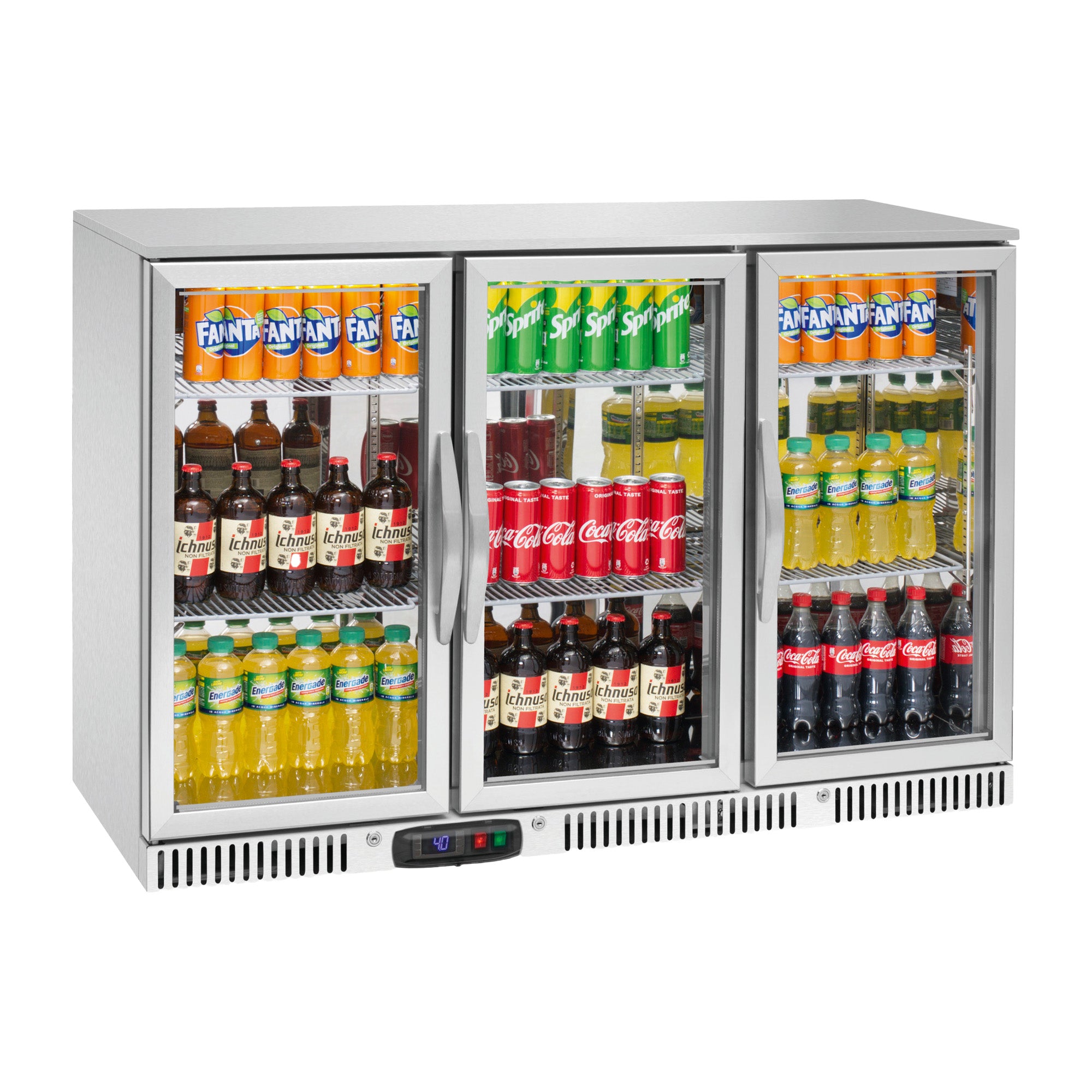 orange Barkühlschrank 300L, 3 Glas-Klapptüren, Edelstahl