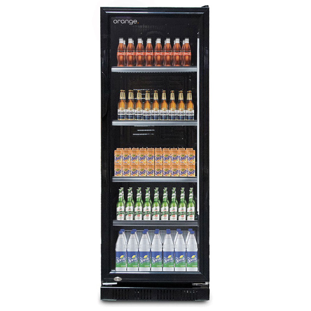 orange Getränkekühlschrank 230L, komplett schwarz, LED-Beleuchtung