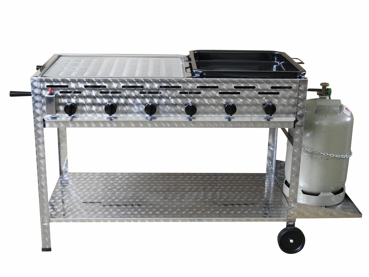 orange Profi-Gasgrill 6 flammig, fahrbar mit 3/5 Rost und 2/5 Pfanne